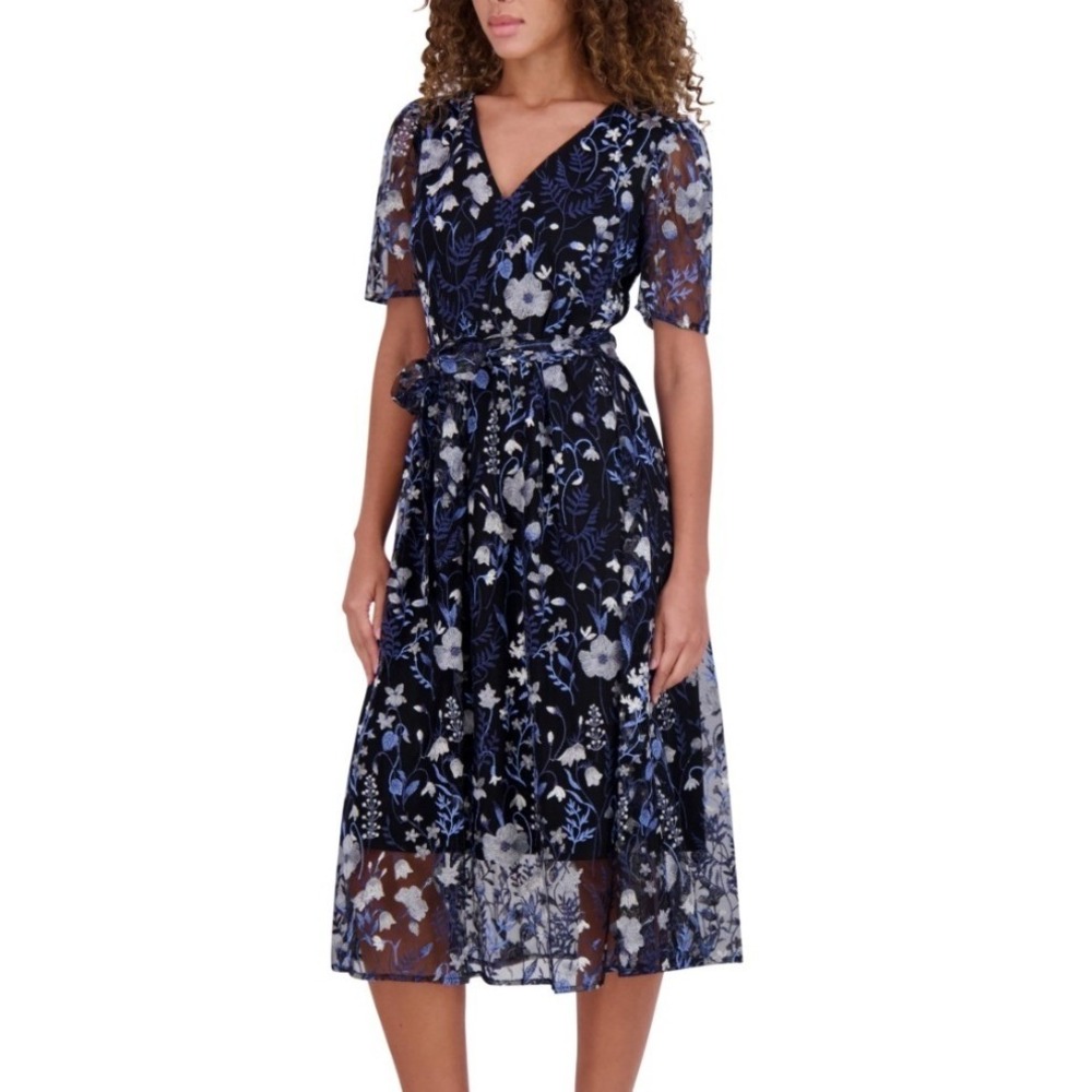 Kensie Floral Embroidered Midi Dress 6 New Blue Silver Mesh V-Neck Belted $148